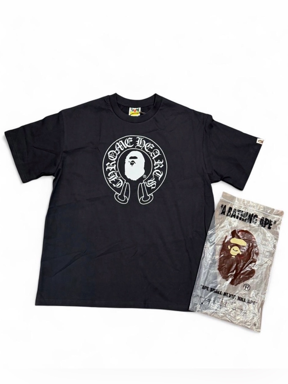 Bape Black Short-Sleeve Graphic Tee with White Logo size L